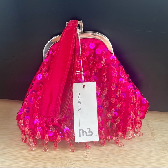 NWT Menbur Beaded Sequin Satin Evening Clutch Pink 98309-33 - Picture 2 of 8